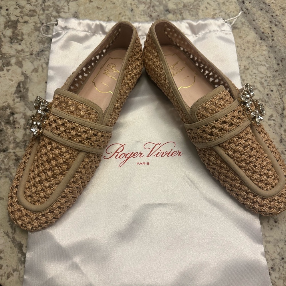 Tan Woven Leather Flats. Only worn at home once.  In original dust jacket
